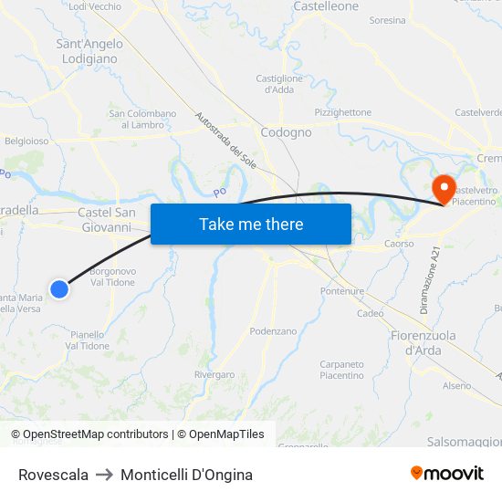 Rovescala to Monticelli D'Ongina map