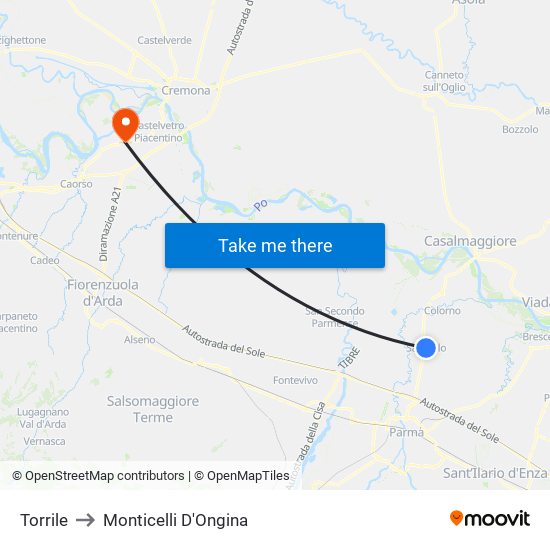 Torrile to Monticelli D'Ongina map