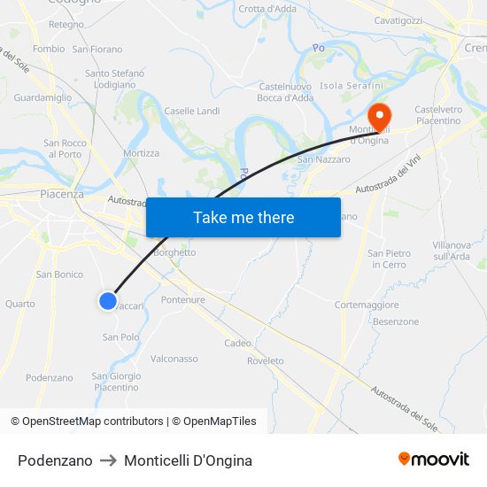 Podenzano to Monticelli D'Ongina map