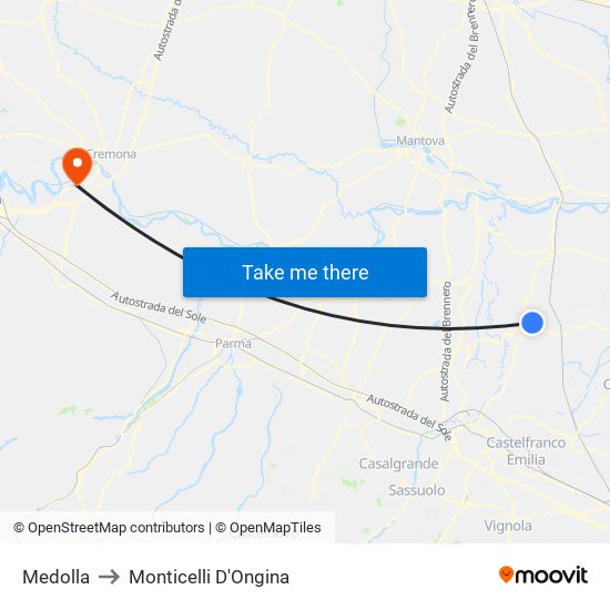 Medolla to Monticelli D'Ongina map