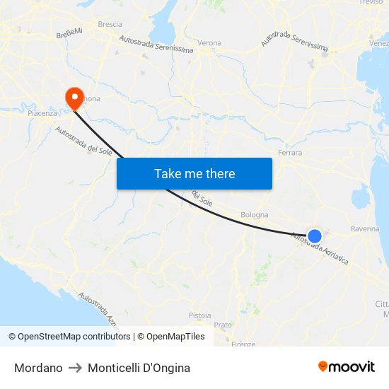 Mordano to Monticelli D'Ongina map