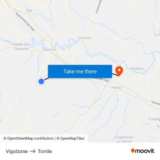 Vigolzone to Torrile map