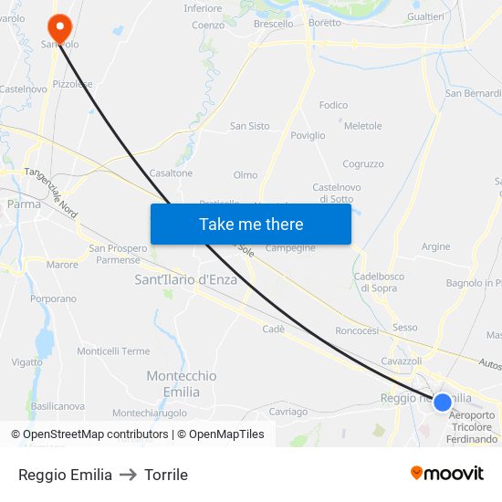 Reggio Emilia to Torrile map