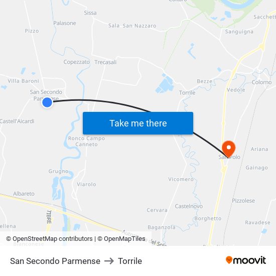 San Secondo Parmense to Torrile map