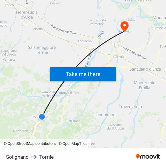 Solignano to Torrile map