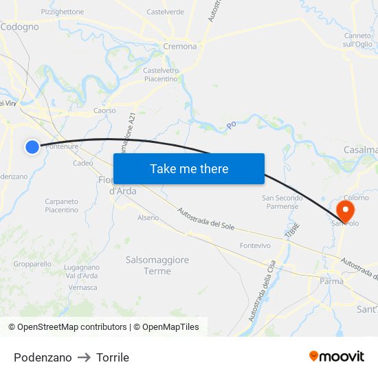 Podenzano to Torrile map