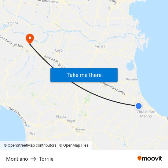 Montiano to Torrile map