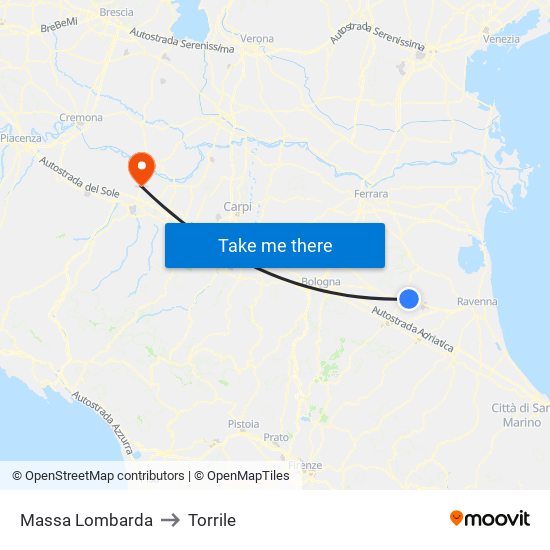 Massa Lombarda to Torrile map