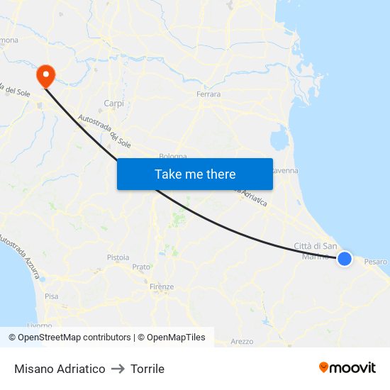 Misano Adriatico to Torrile map