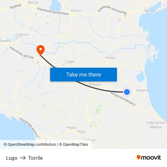 Lugo to Torrile map