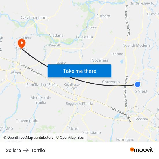 Soliera to Torrile map