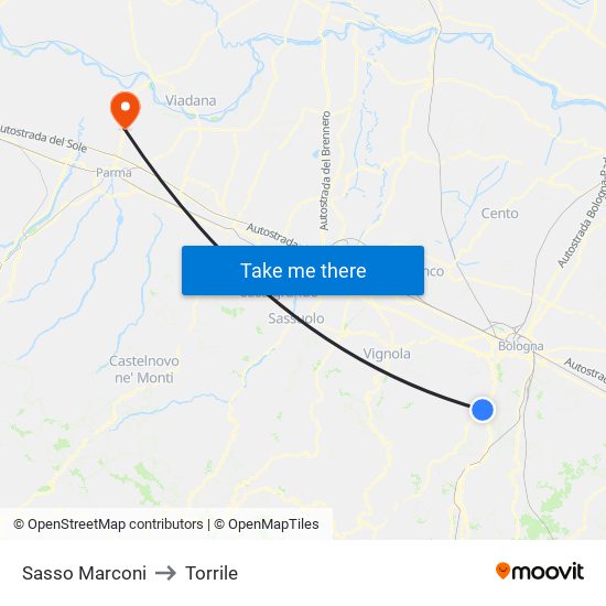 Sasso Marconi to Torrile map