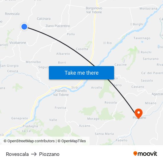 Rovescala to Piozzano map