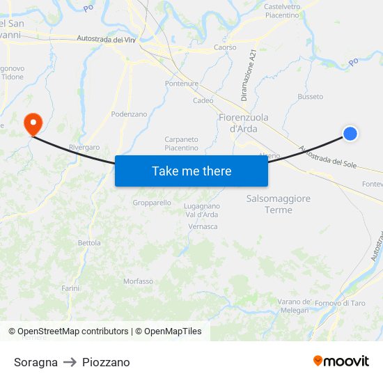 Soragna to Piozzano map