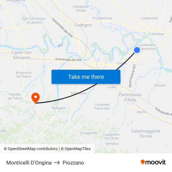 Monticelli D'Ongina to Piozzano map
