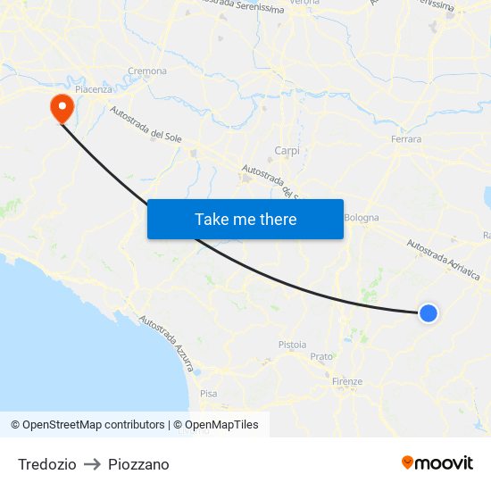 Tredozio to Piozzano map