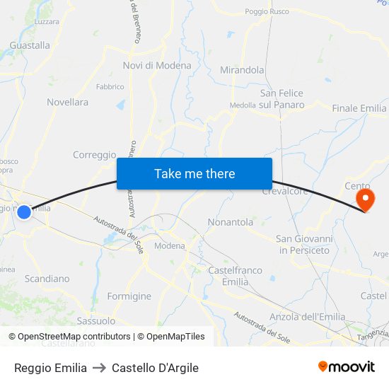 Reggio Emilia to Castello D'Argile map