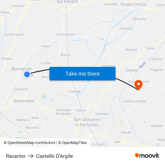 Ravarino to Castello D'Argile map