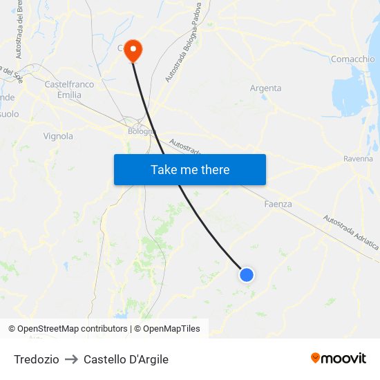 Tredozio to Castello D'Argile map