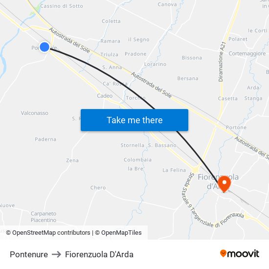 Pontenure to Fiorenzuola D'Arda map