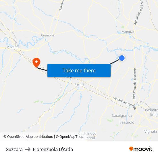 Suzzara to Fiorenzuola D'Arda map