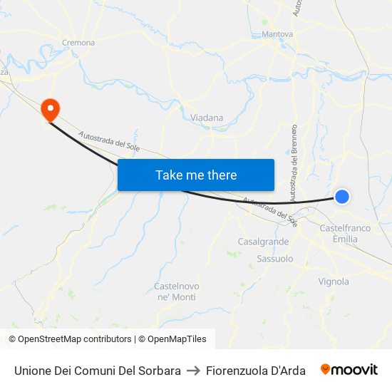 Unione Dei Comuni Del Sorbara to Fiorenzuola D'Arda map