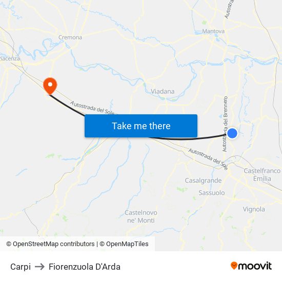 Carpi to Fiorenzuola D'Arda map