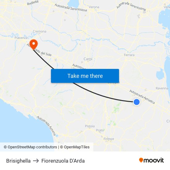 Brisighella to Fiorenzuola D'Arda map