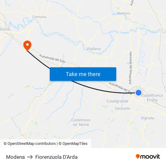 Modena to Fiorenzuola D'Arda map