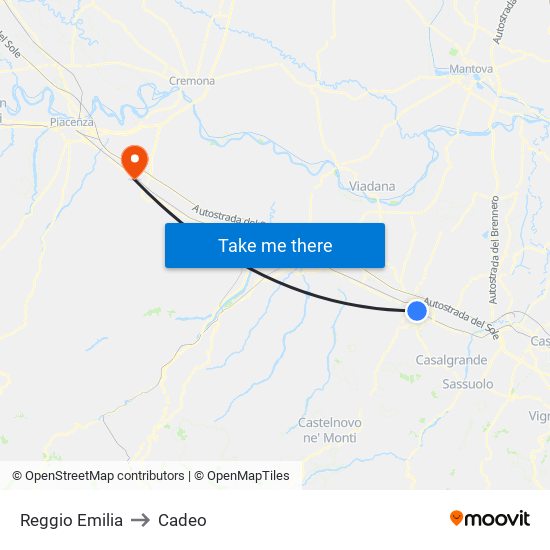 Reggio Emilia to Cadeo map