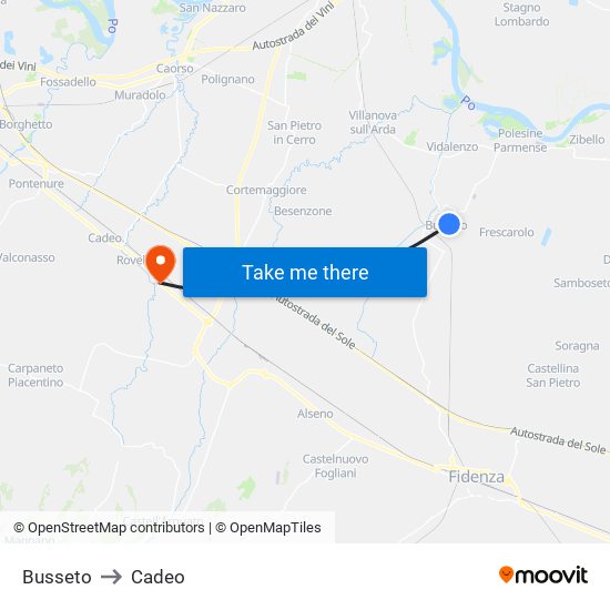 Busseto to Cadeo map