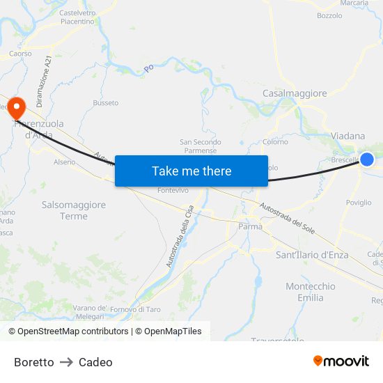 Boretto to Cadeo map