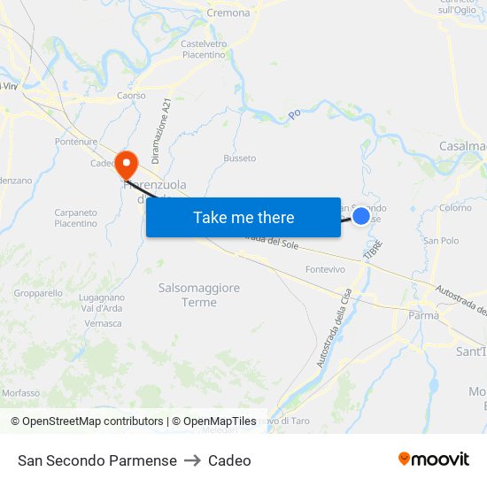 San Secondo Parmense to Cadeo map