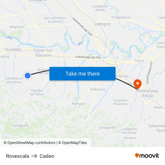 Rovescala to Cadeo map