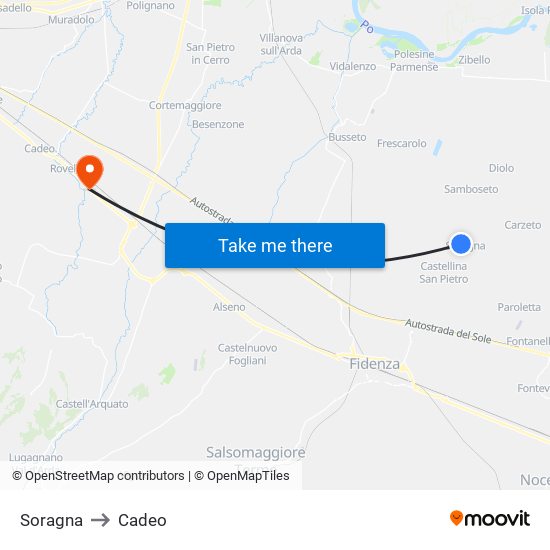 Soragna to Cadeo map