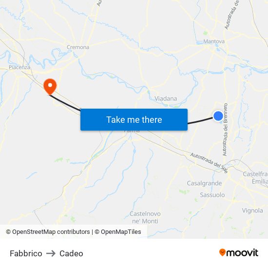 Fabbrico to Cadeo map