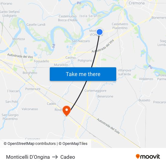 Monticelli D'Ongina to Cadeo map