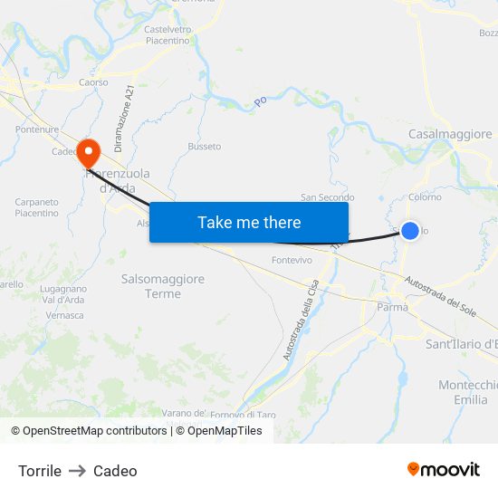 Torrile to Cadeo map