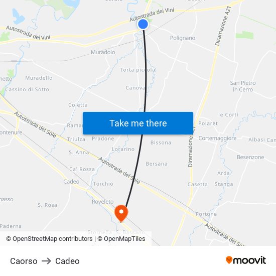 Caorso to Cadeo map