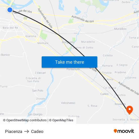 Piacenza to Cadeo map