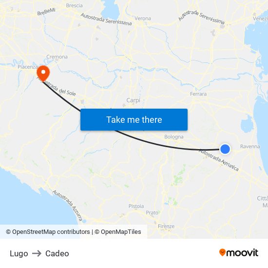 Lugo to Cadeo map