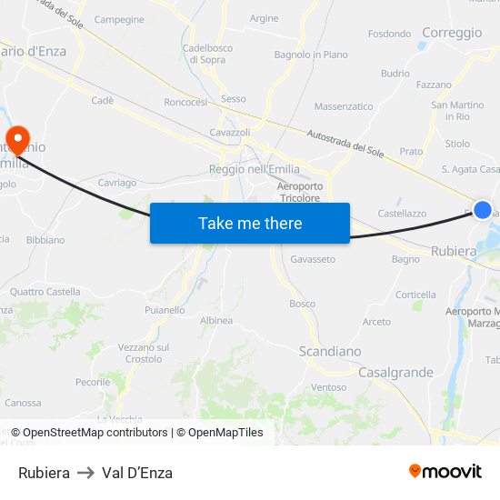 Rubiera to Val D’Enza map