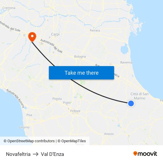 Novafeltria to Val D’Enza map