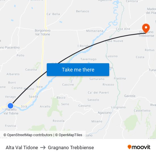 Alta Val Tidone to Gragnano Trebbiense map