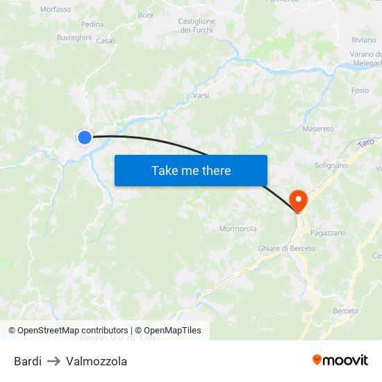 Bardi to Valmozzola map