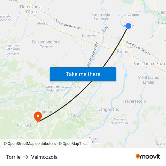 Torrile to Valmozzola map