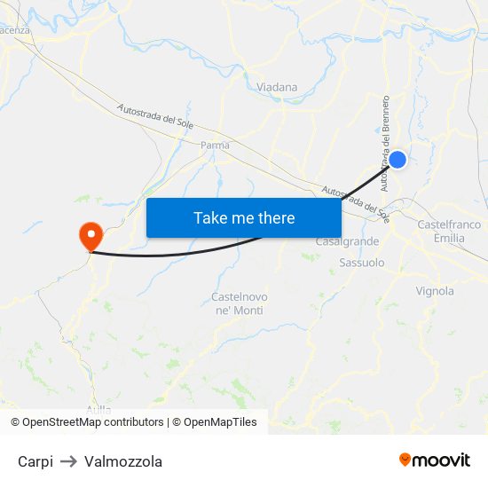 Carpi to Valmozzola map