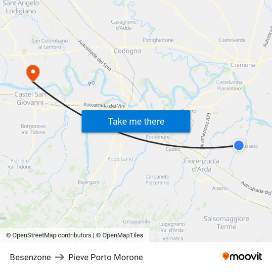 Besenzone to Pieve Porto Morone map