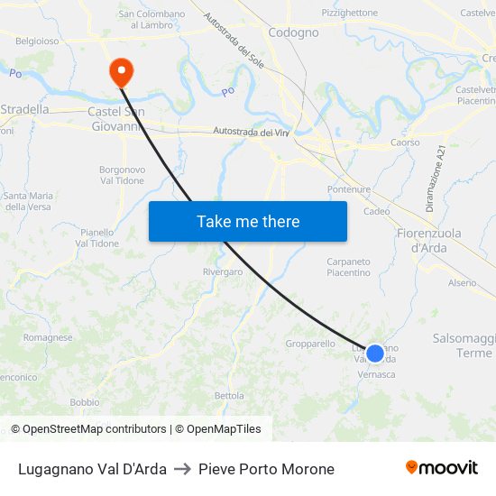 Lugagnano Val D'Arda to Pieve Porto Morone map