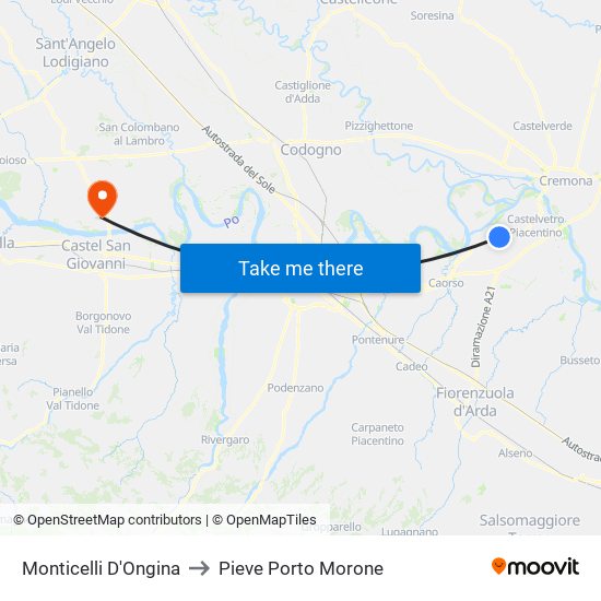 Monticelli D'Ongina to Pieve Porto Morone map